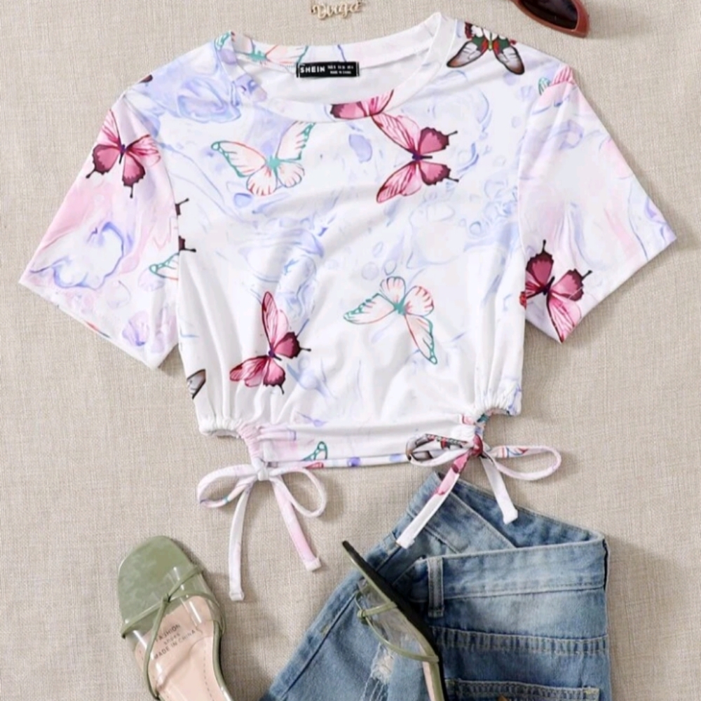 Butterfly print tie side tee